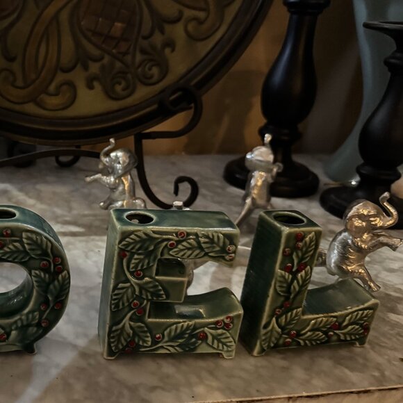 Vintage Lipper Mann Noel Candle Holder Holly Green Berry Letter Christmas Japan - Picture 3 of 4